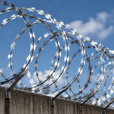 Military Style Razor Barbed Wire Security Perimeter Fence Rusty Razor Barbed Wire Coil on Old Security Fence
